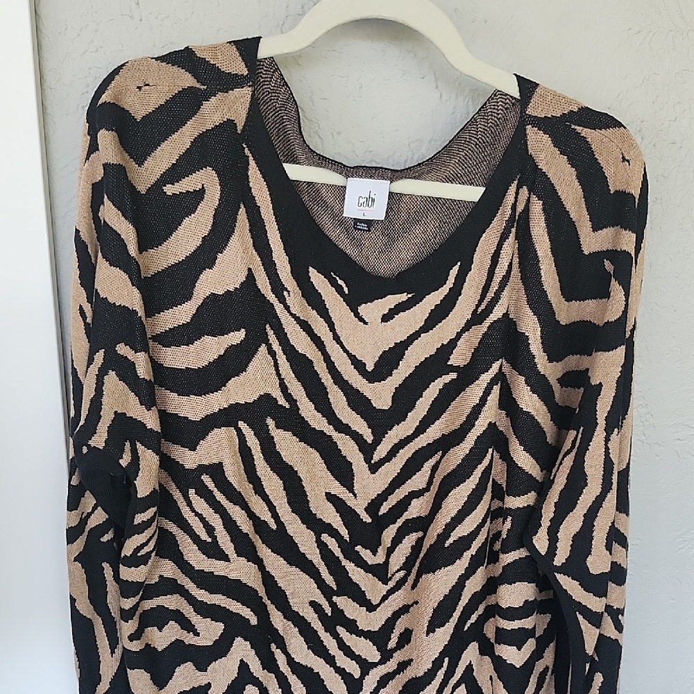 CAbi Black and Tan V-Neck Sweater with Bold Animal Print